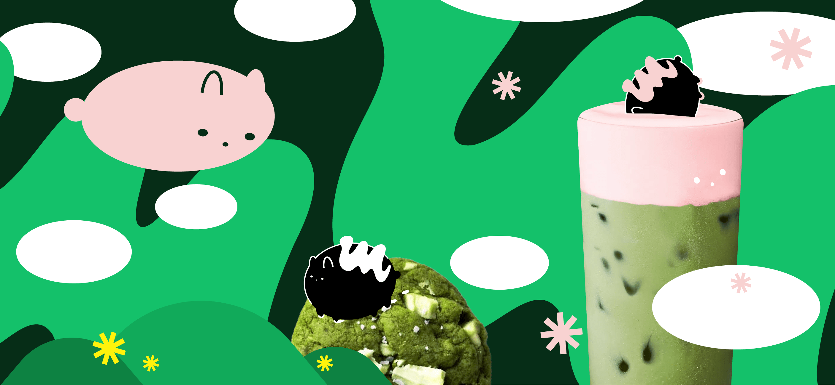 Green section with matcha and cat illustrations
