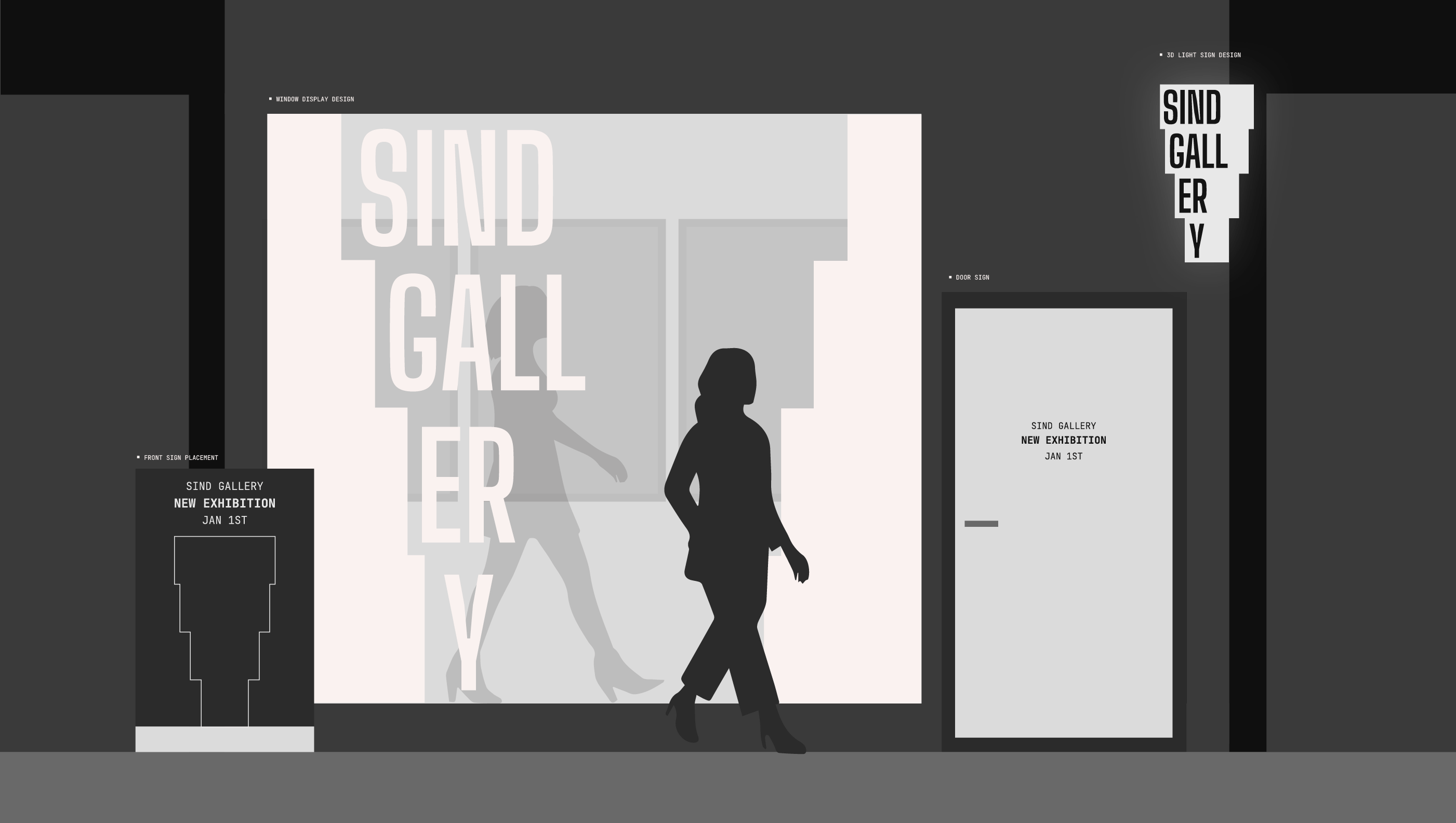 SIND Gallery branding materials and signage design