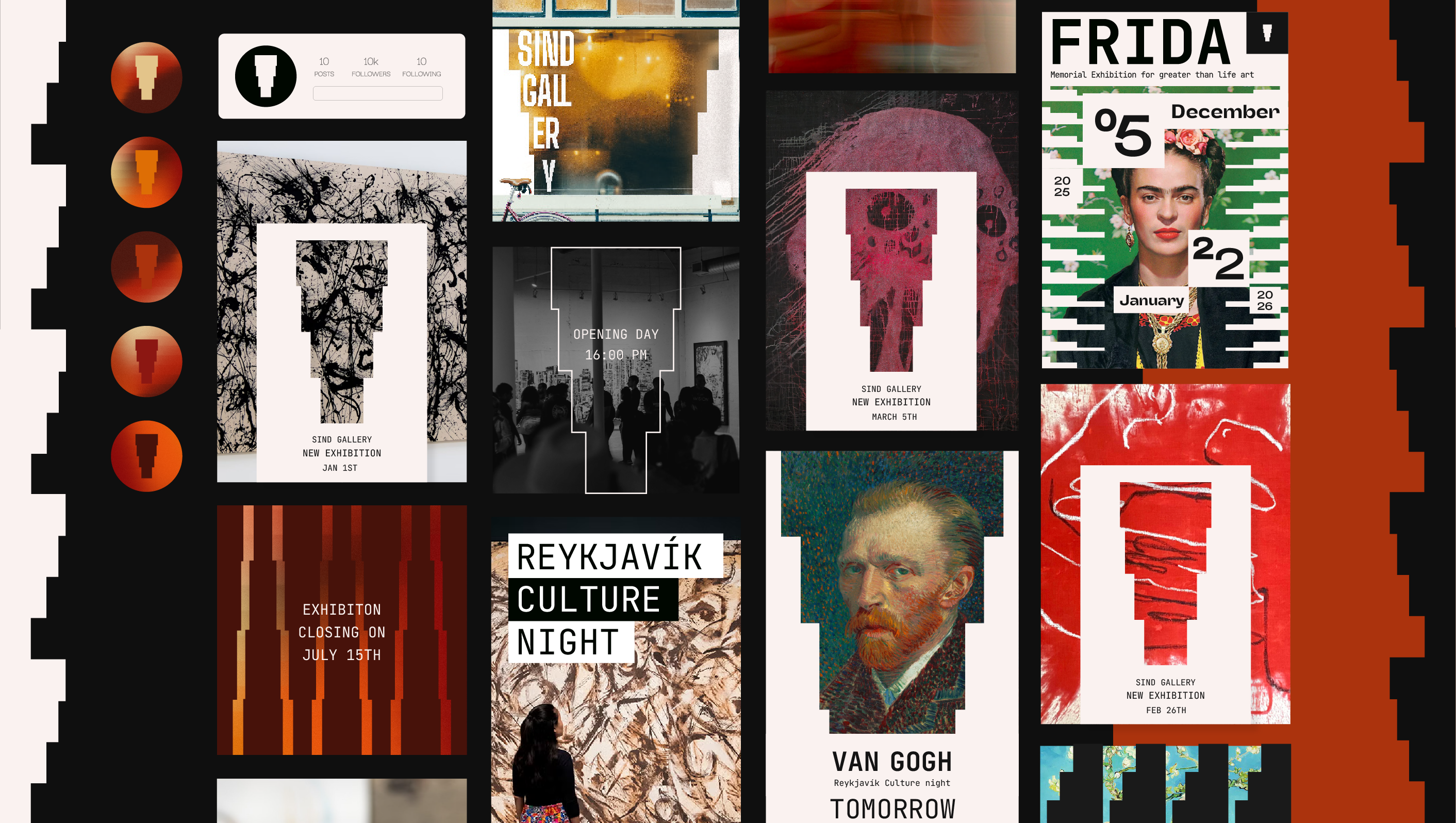 SIND Gallery branding collage with various poster designs and visual identity elements