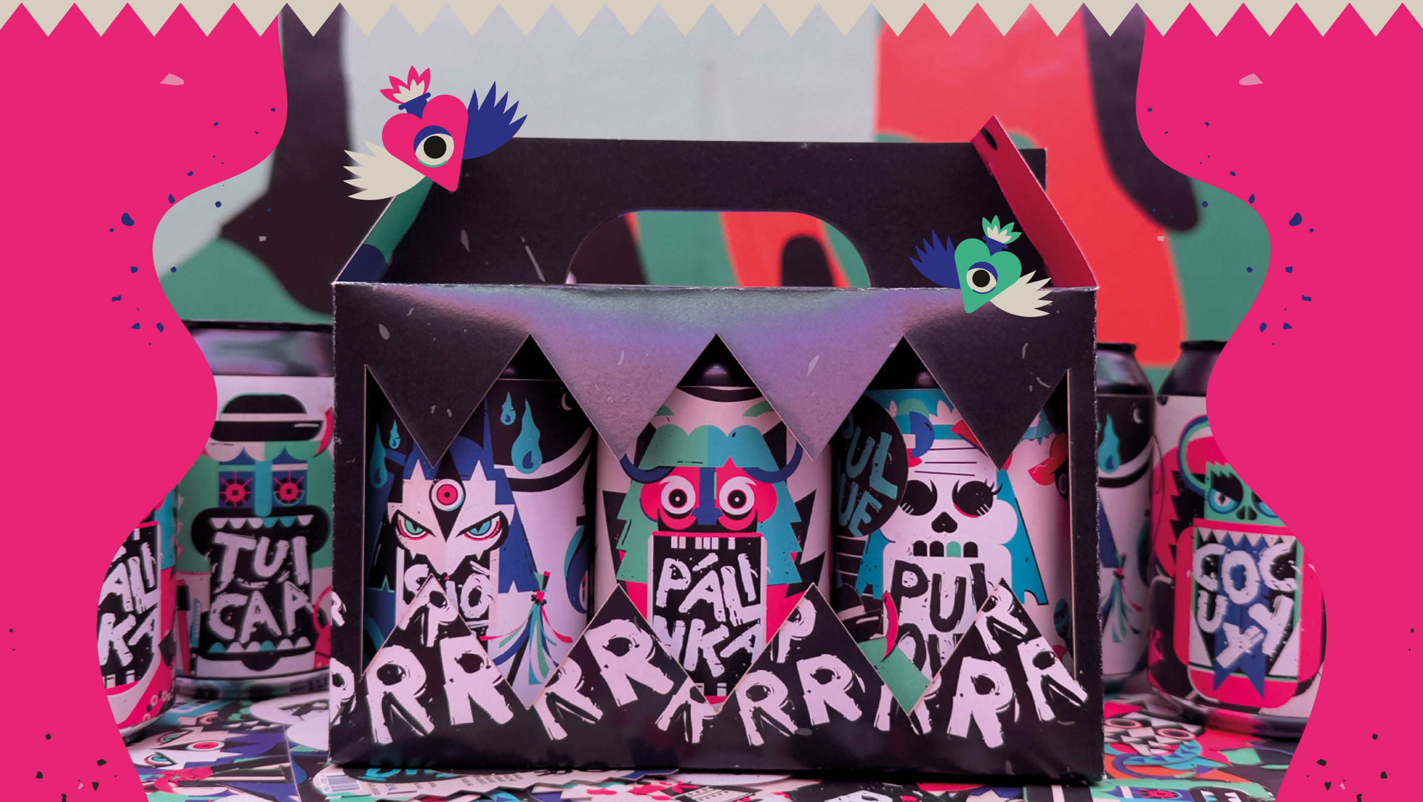 UNDERRR complete packaging design with multiple monster character cans