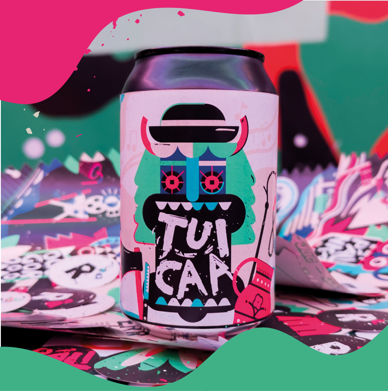 UNDERRR energy drink can with pink and blue monster design